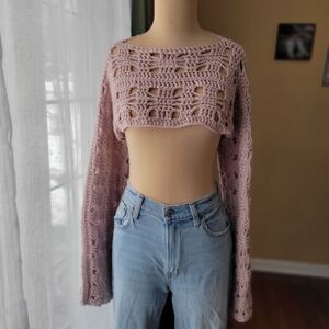 Fairycore Crochet Bell Sleeve Shrug Crop Top Arm Warmer - Mauve Pink